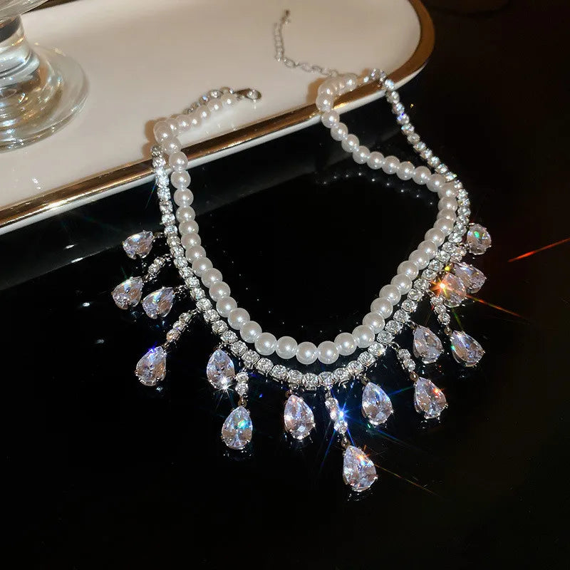 Pre Order:  Water Drop Zircon Rhinestone Pearl Choker Necklace