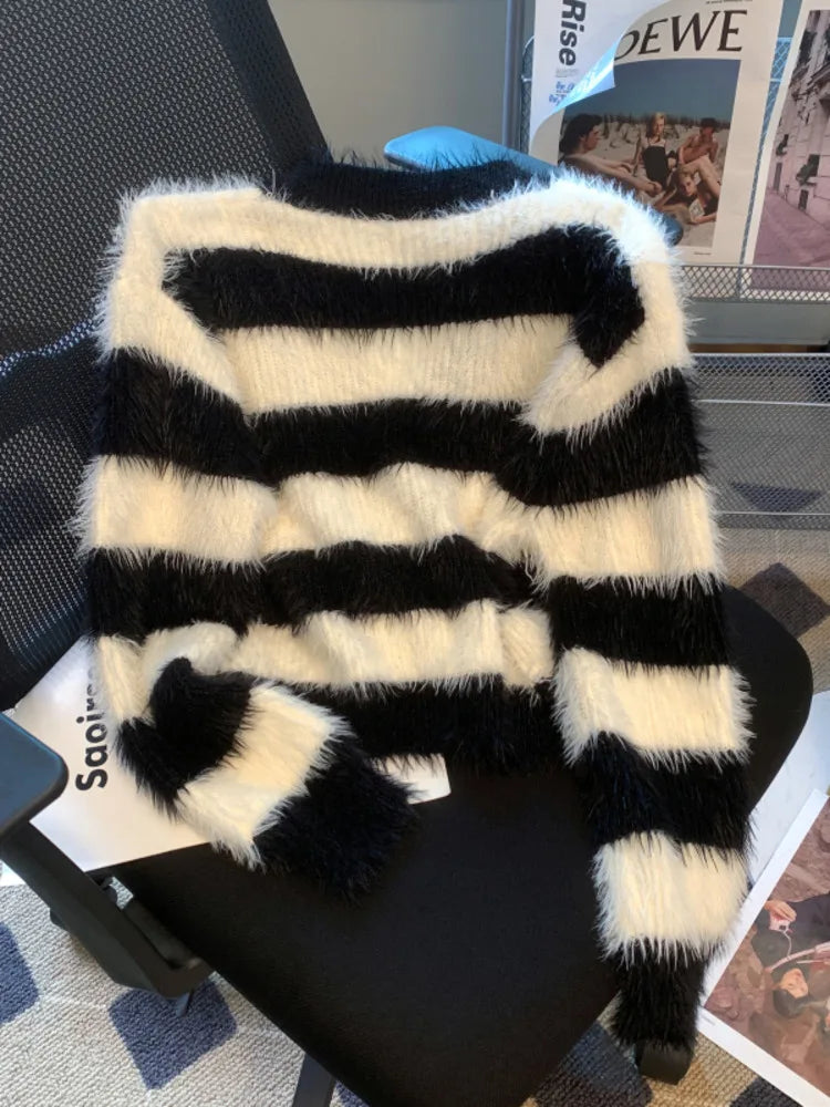 Pre Order:  Knitted Faux-Fur Stripe Cardigan Sweater