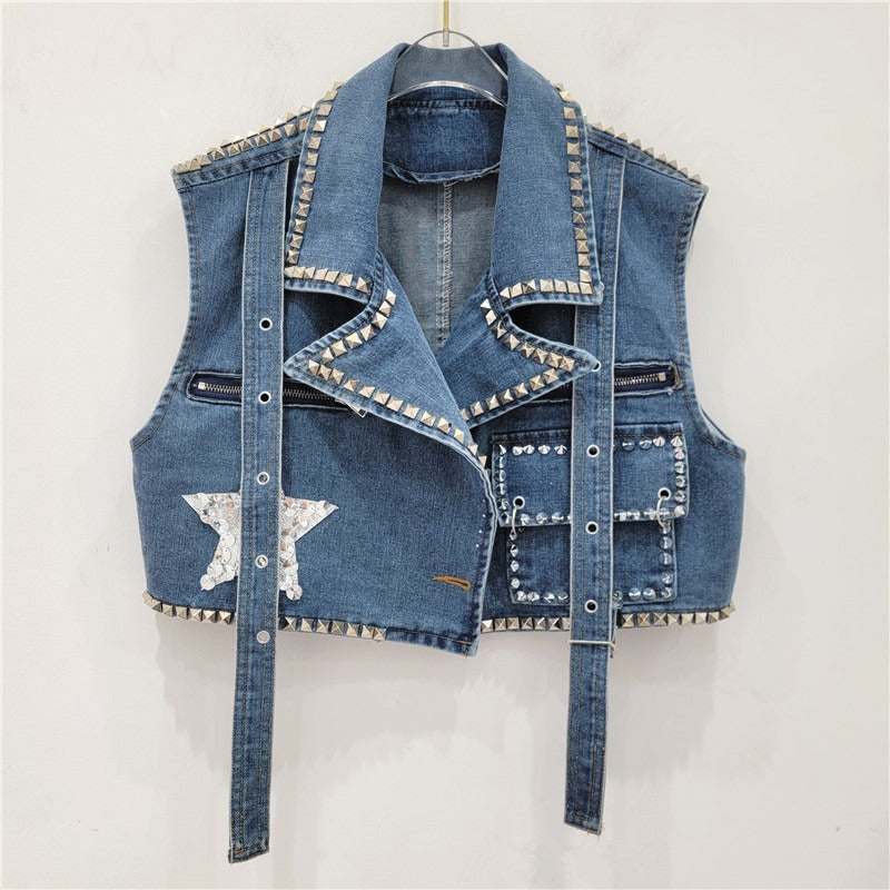 Pre Order: Rivet Studded Five Pointed Star Denim Vest