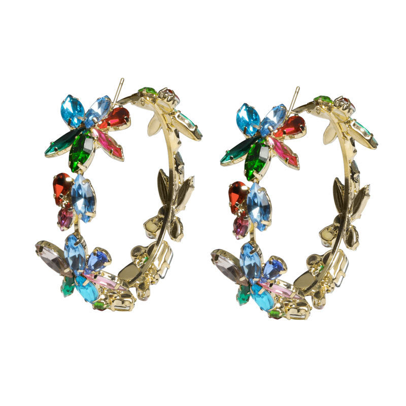 Pre Order:  Exaggerated Rhinestone Flowers Hoop Earrings