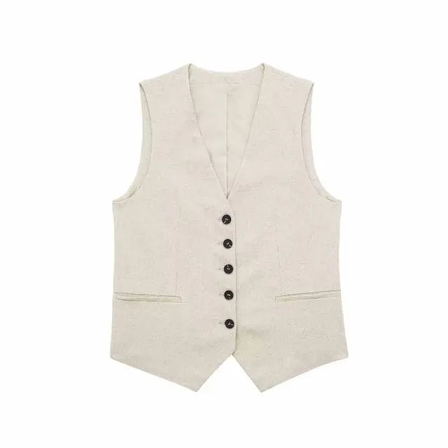 Pre Order:  Solid Button Sleeveless Linen Vest + Shorts Set