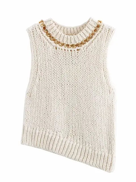 Pre Order: Asymmetrical Sleeveless Round Neck Chain Knitted Vest