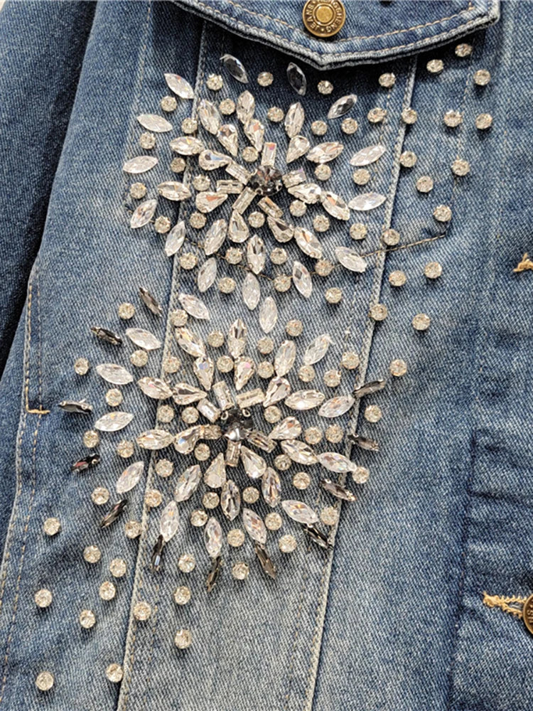 Pre Order:  Flower Diamond Embroidered Washed Denim Jacket