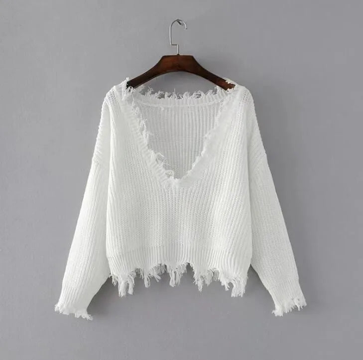 Pre Order:  Knitted Tassel Fringed V-Neck Sweater