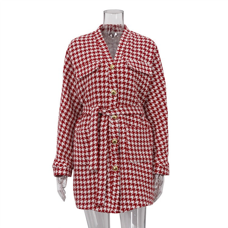 Pre Order: Houndstooth Long Sleeve Jacket + Mini Skirt Set