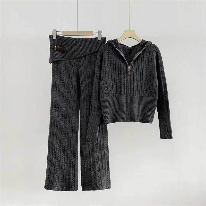 Pre Order: Hooded Knit Zip Up Cardigan + Knit Pants Set