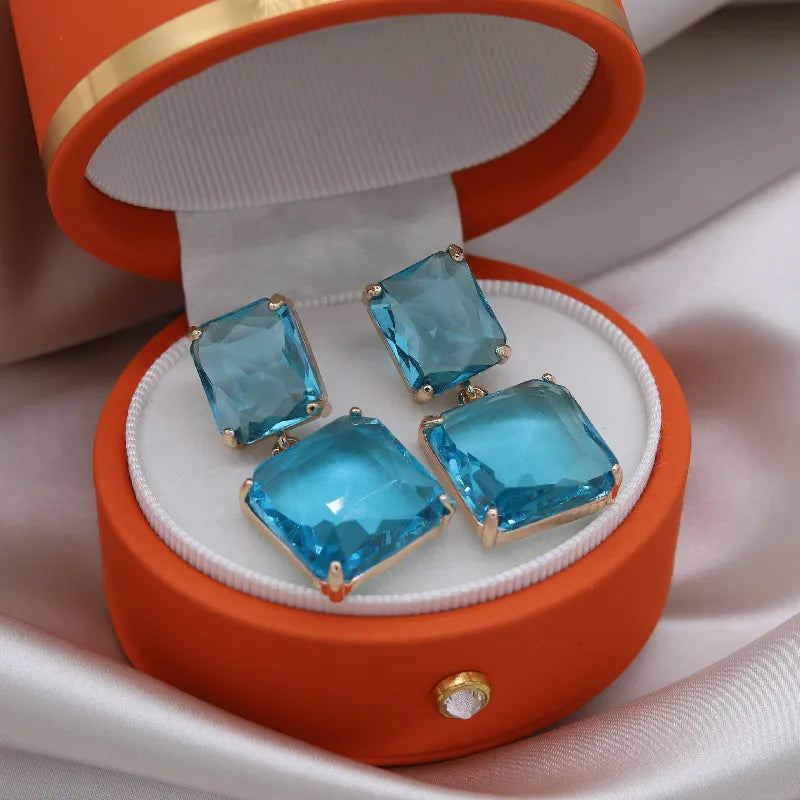 Pre Order:  Double Square Crystal Pendant Drop Earrings