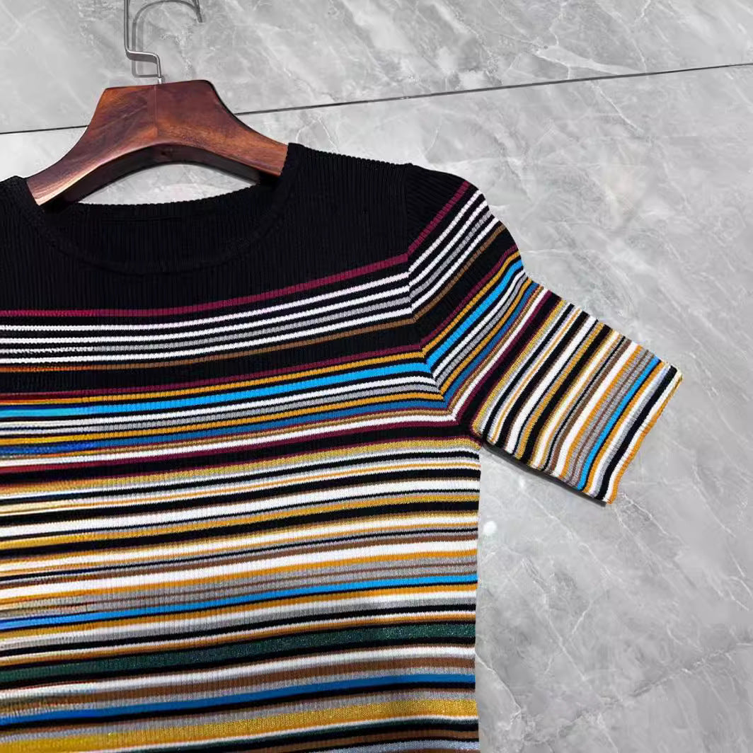 Pre Order:  Color Stripes Round Neck Short Sleeved Knitted Dress