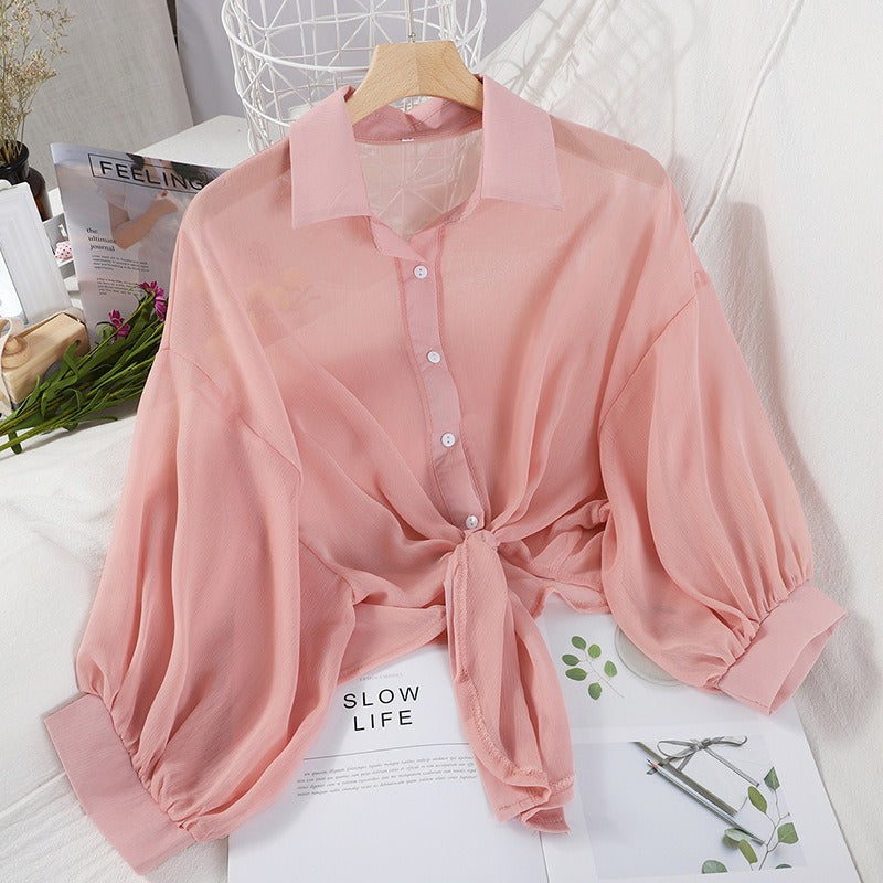 Pre Order:  Casual Chiffon Waist Tie Shirt