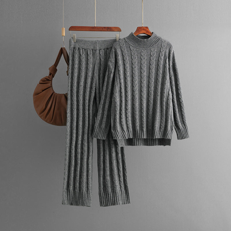 Solid Fried Dough Twists Knit Sweater + Pants Set