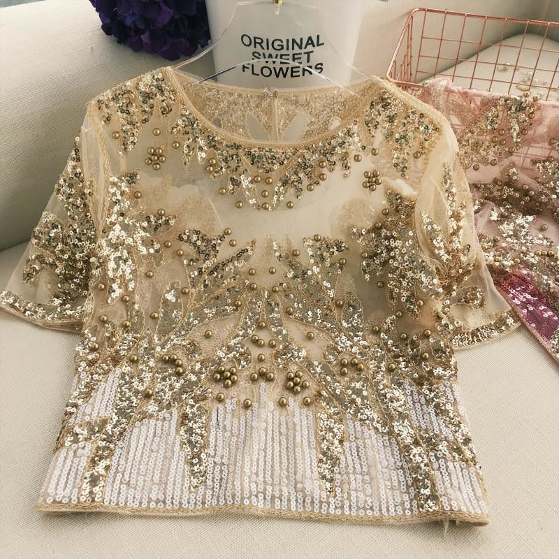 Gauze Sequined Patchwork Blouse