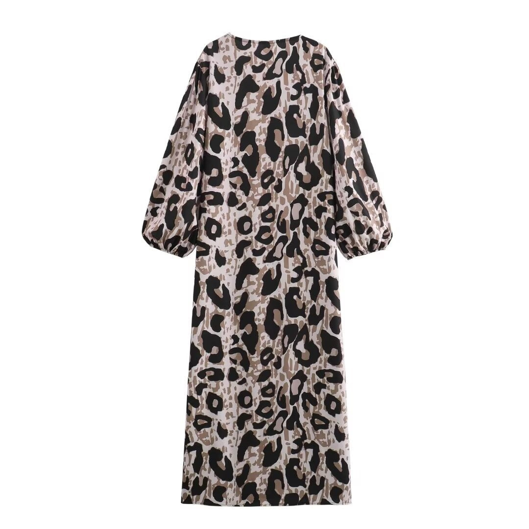 Pre Order:  Animal Print Loose V-Neck Long Sleeved Dress