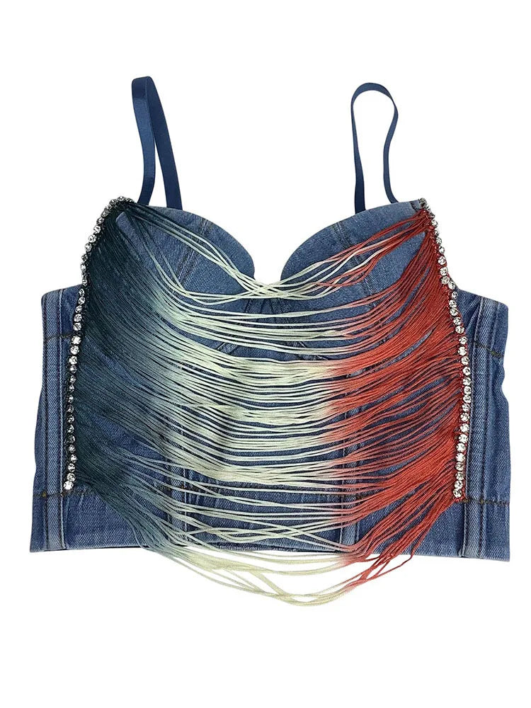 Tassel Sling Chain Denim Tank Top