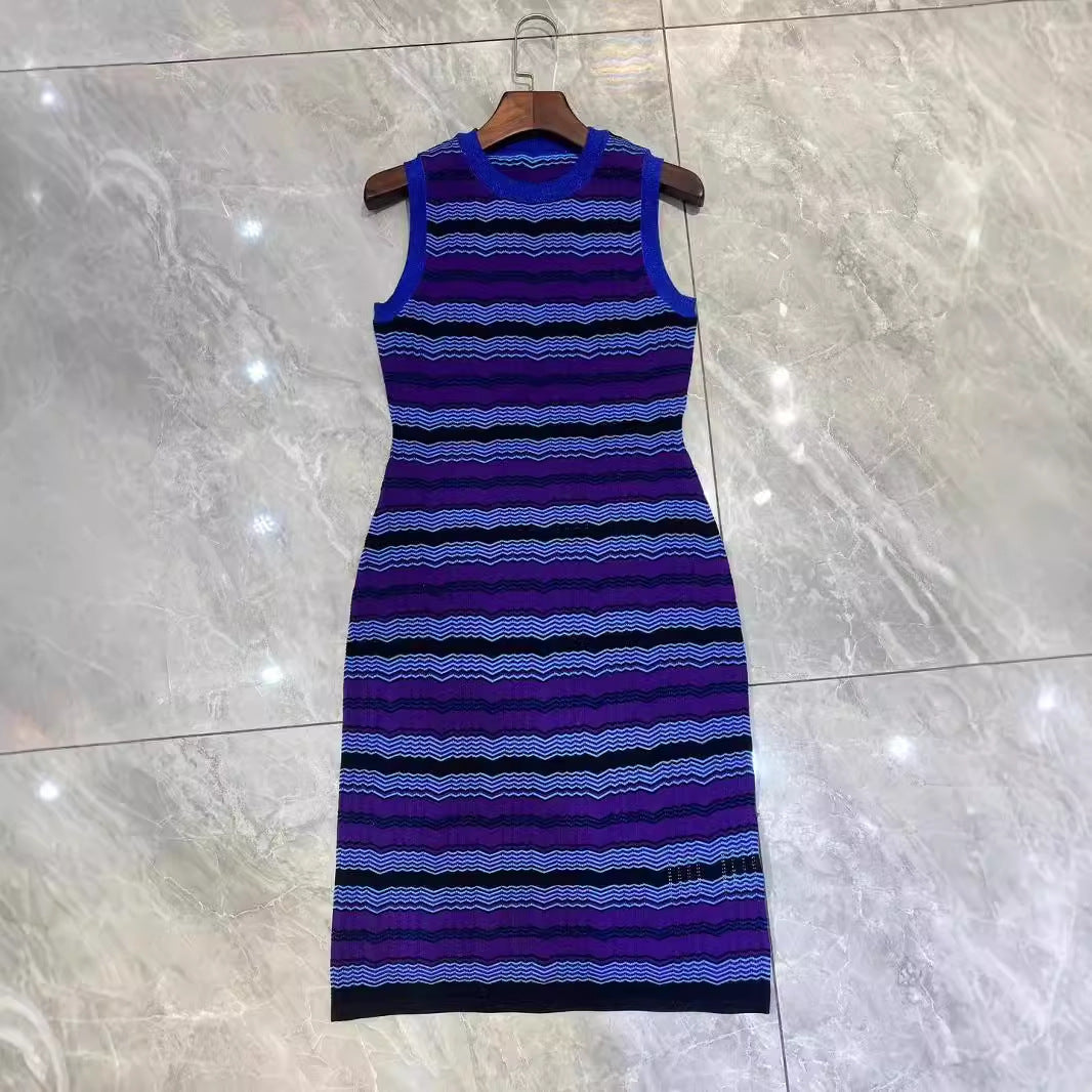 Pre Order:  Sleeveless Striped Waist Cinching Jacquard Knitted Dress