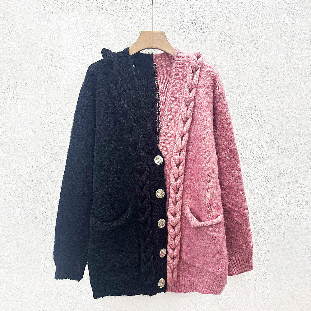 Pre Order:  Color Block Pocket Splice Thicken Knit Cardigan