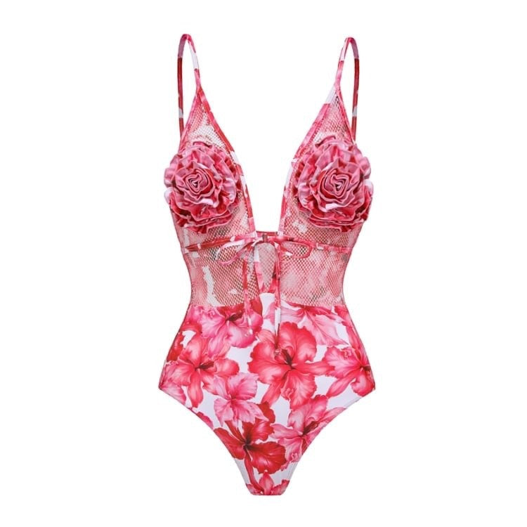 3D Floral Mesh Waist Swimsuit + Skirt Set