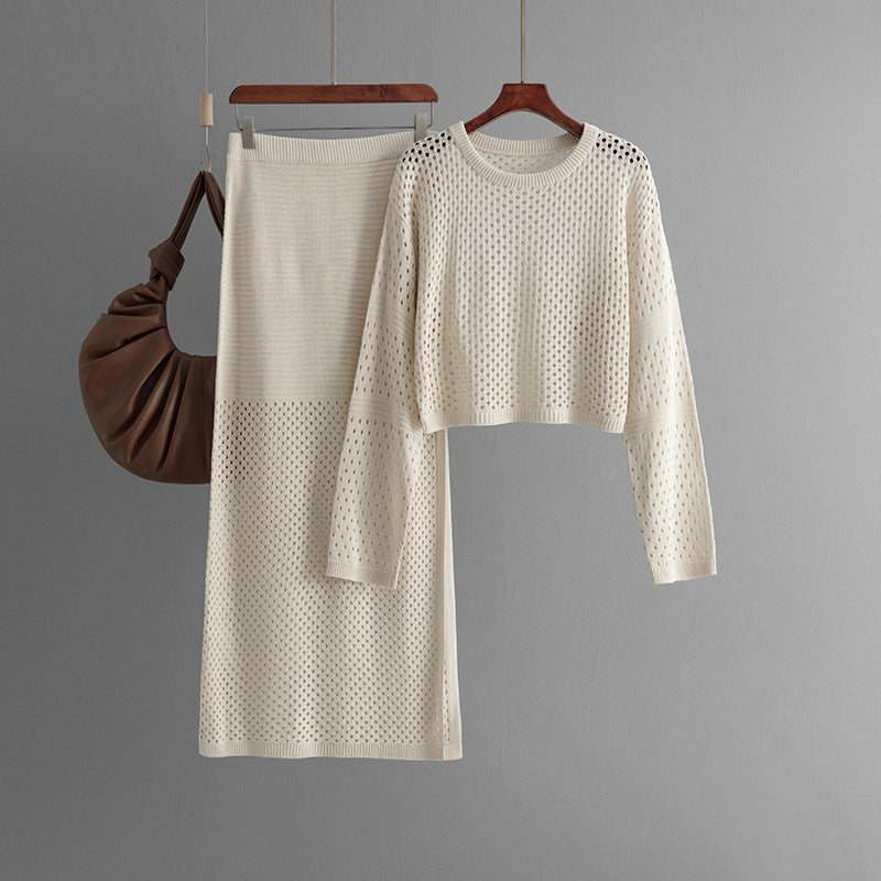 Hollow Knitted Sweater + Knitted Skirt Set