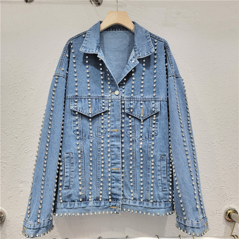 Pre Order: Denim Vertically Studded Loose Jacket