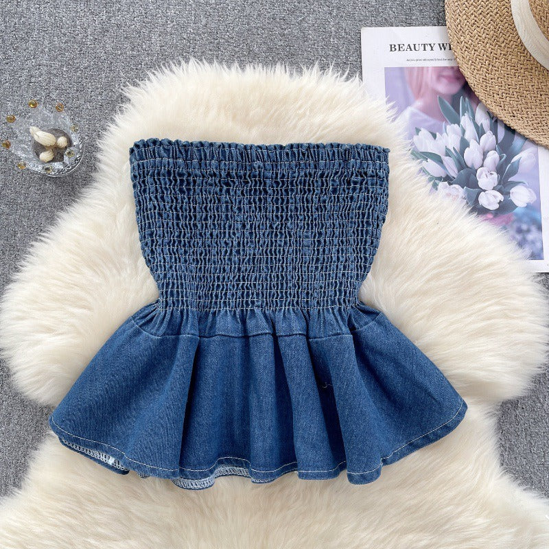 Pre Order:  Elastic Denim Ruffle Tube Top