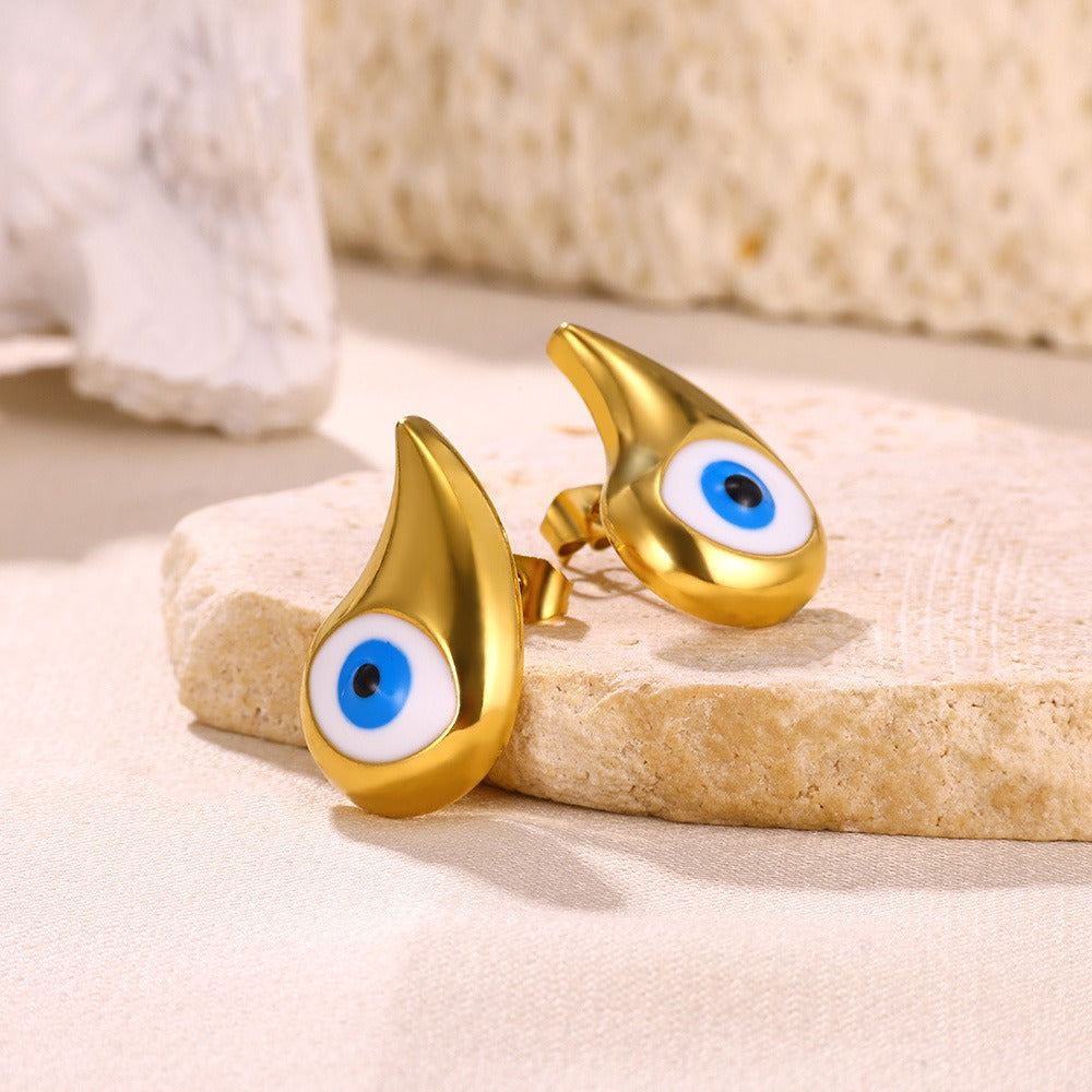 Pre Order:  Titanium Steel Blue Eye Water Drop Pendant Earrings