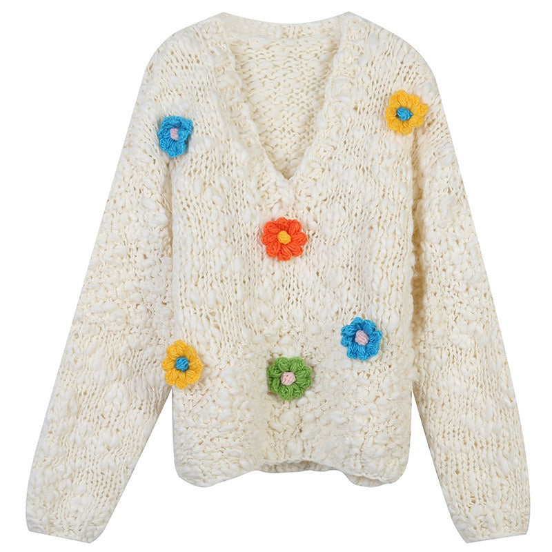 Pre Order:  Hook Flower Loose V-Neck Knitted Sweater