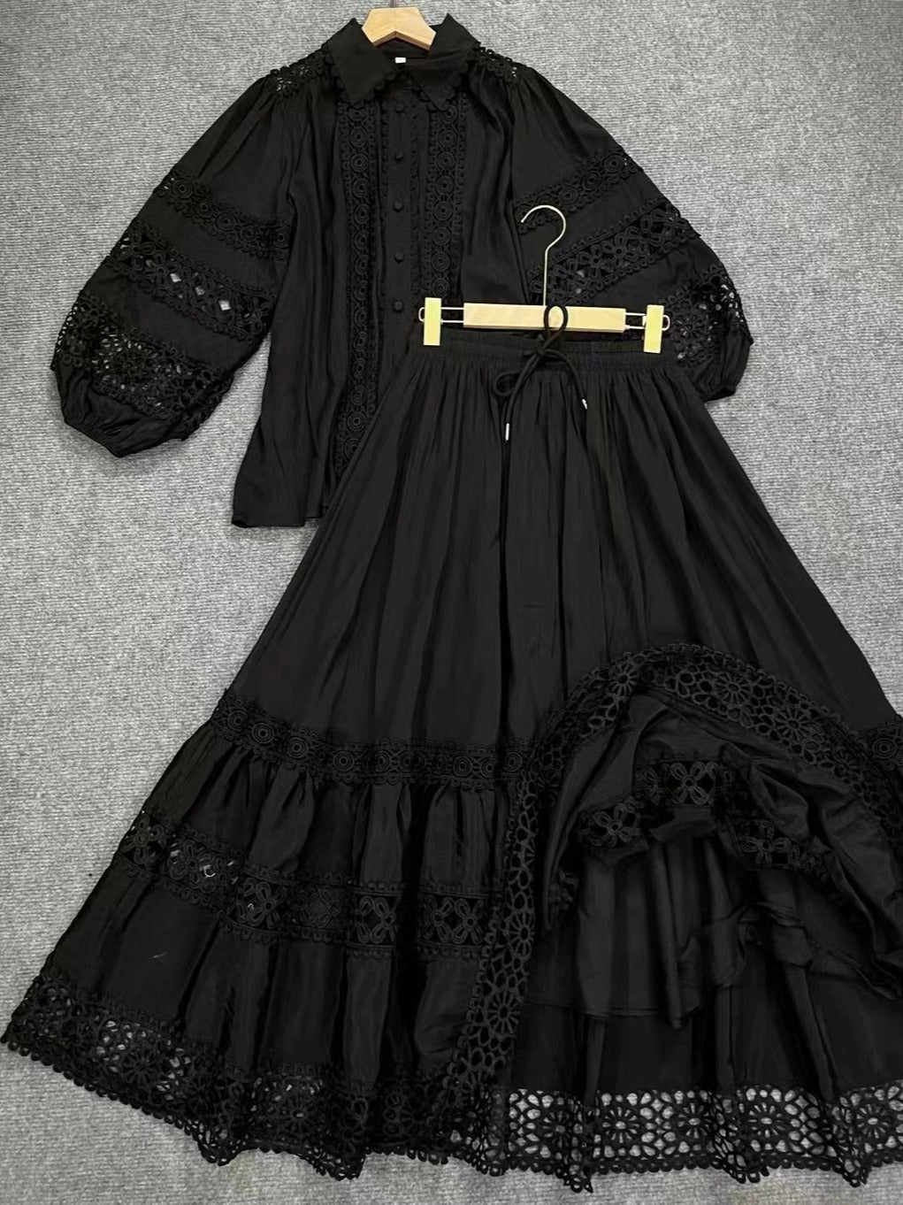 Pre Order:  Collar Splicing Lace Lantern Sleeve Top + Skirt