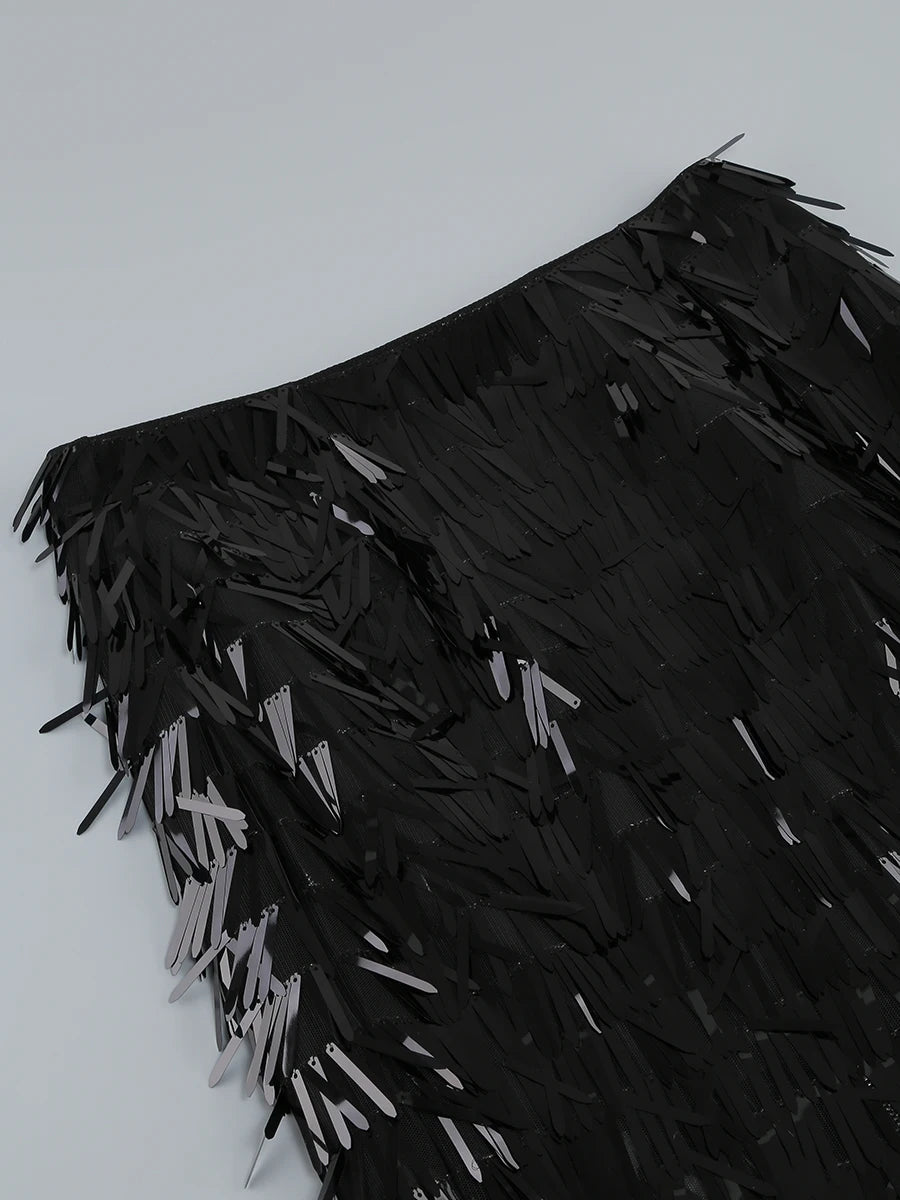 Pre Order:  Feathered Top Fringe Midi Skirt Set