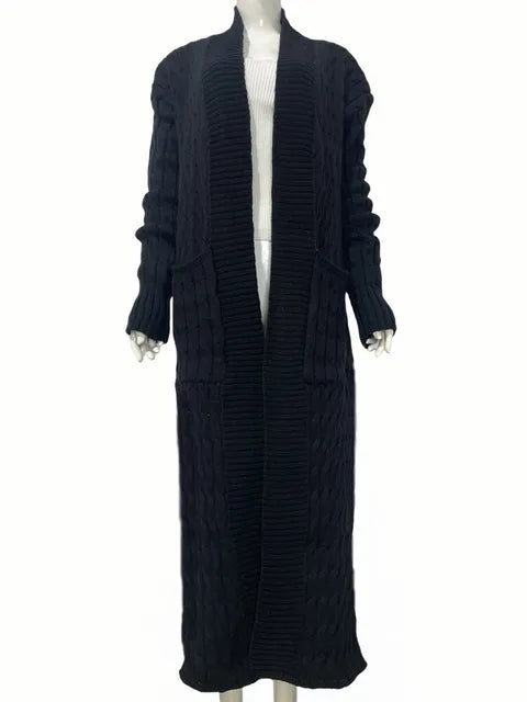 Pre Order:  Ribbed Collar Cableknit Long Cardigan