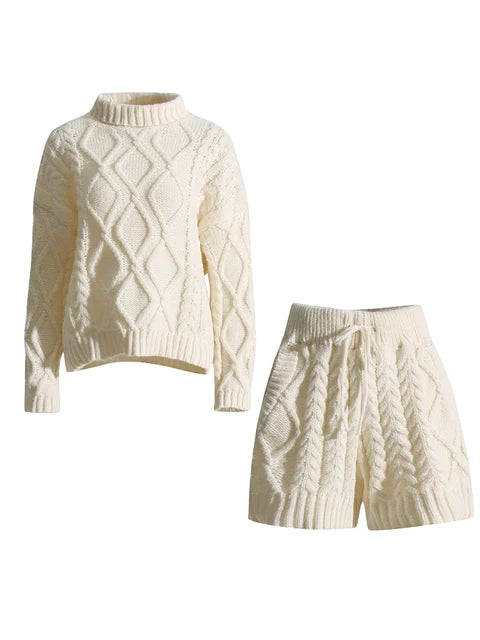 Pre Order:  Turtleneck Sweater Tie-Waist Shorts Cableknit Set