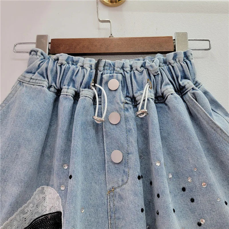 Pre Order: Hot Stamping 3D Butterfly Bow Wide Leg Denim Shorts