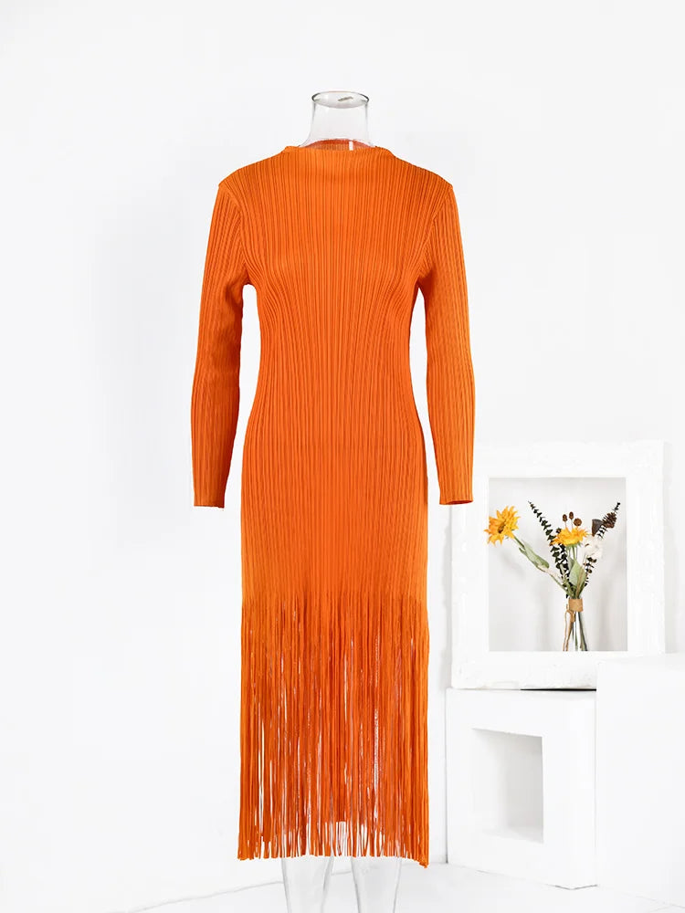 Pre Order:  Orange Tassel Pleated Dress