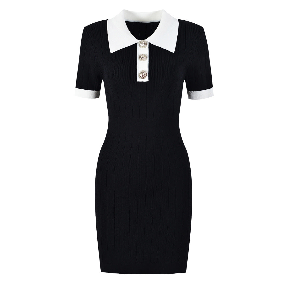 Pre Order:  Knitted Collar Slim Fit Short Sleeved Dress