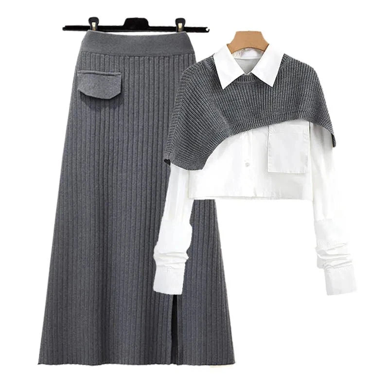 Grey Knitted Shawl A-Line Skirt Long Sleeve Top Set