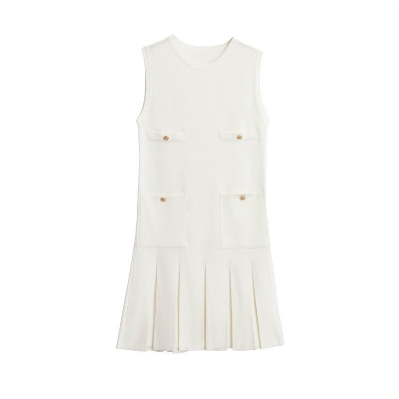 Pre Order: Knit Wide Pleated Button Mini Dress