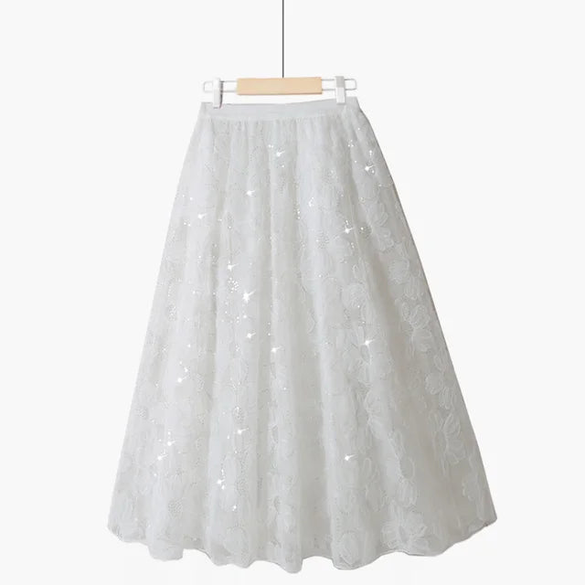 Pre Order:  Floral Sequined Lace Midi Skirt