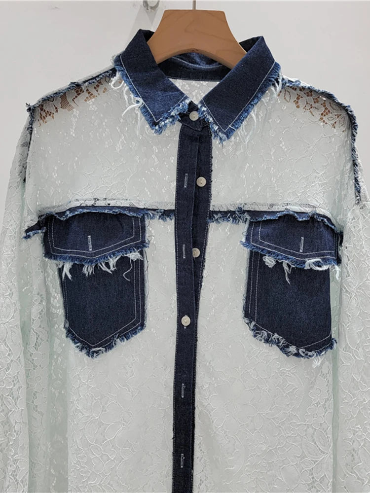 Pre Order:  Denim Patchwork Lace Shirt