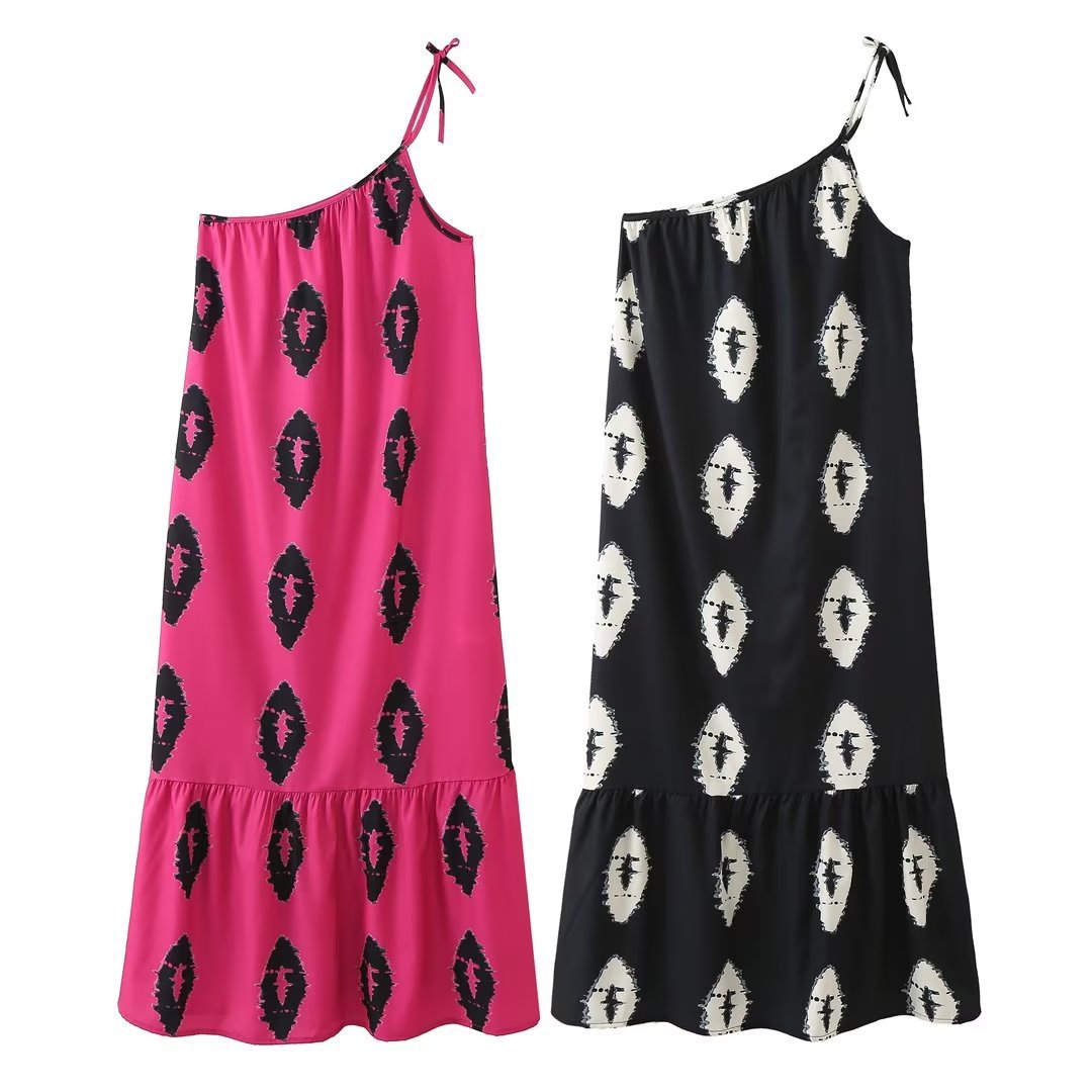 Pre Order:  Asymmetric Neckline Printed Midi Dress