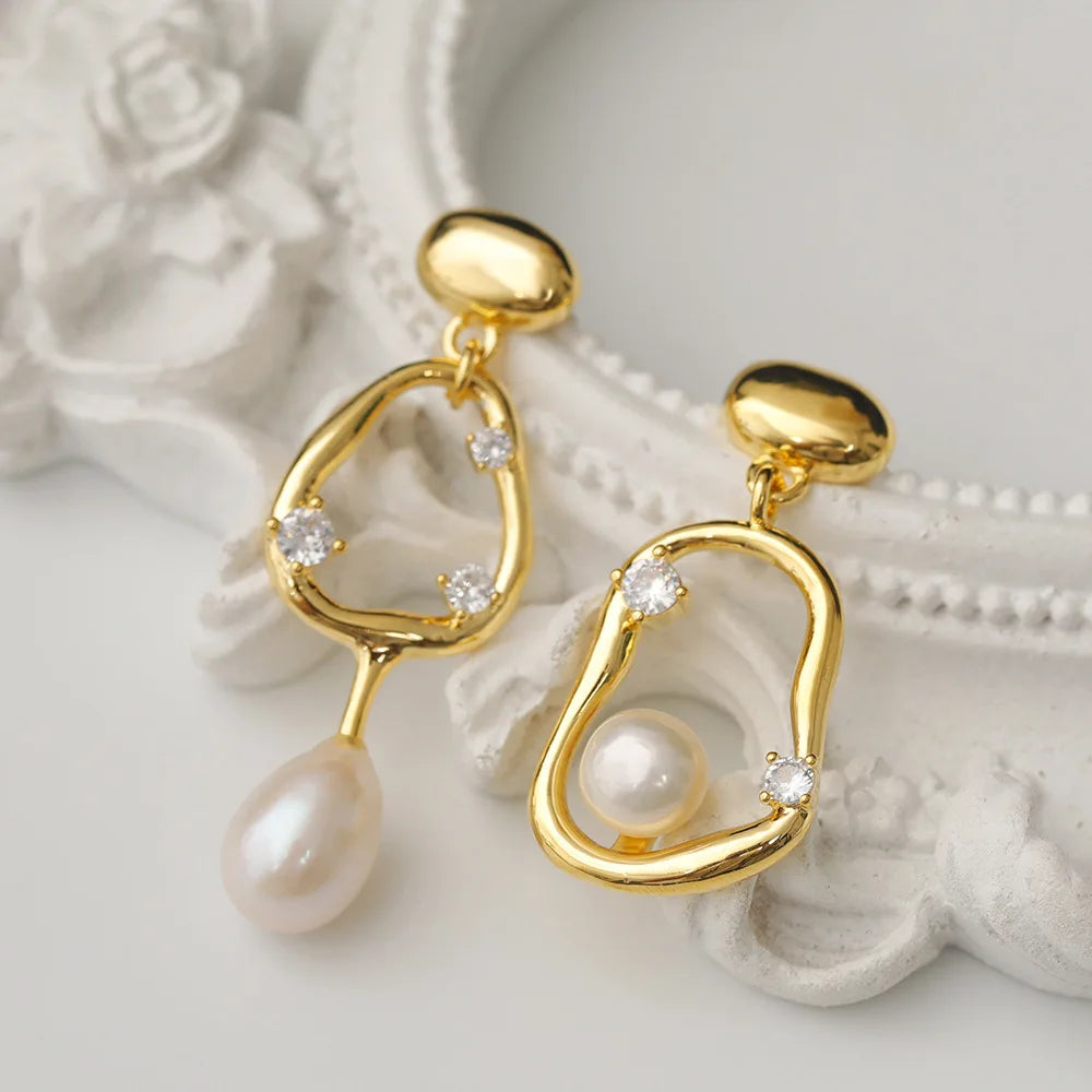 Pre Order:  Retro Asymmetrical Pearl Zircon Earrings