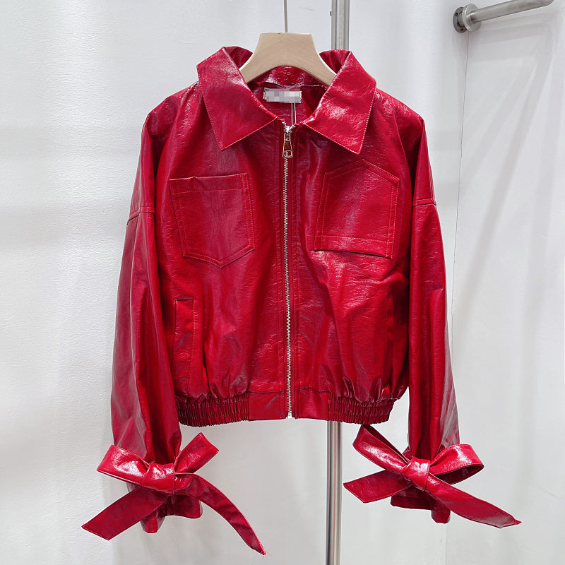 Pre Order: Zip Up PU Leather Solid Color Motorcycle Jacket