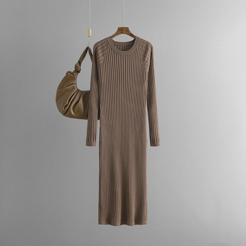 Pre Order:  Solid Pleated Round Neck Woolen Knitted Dress