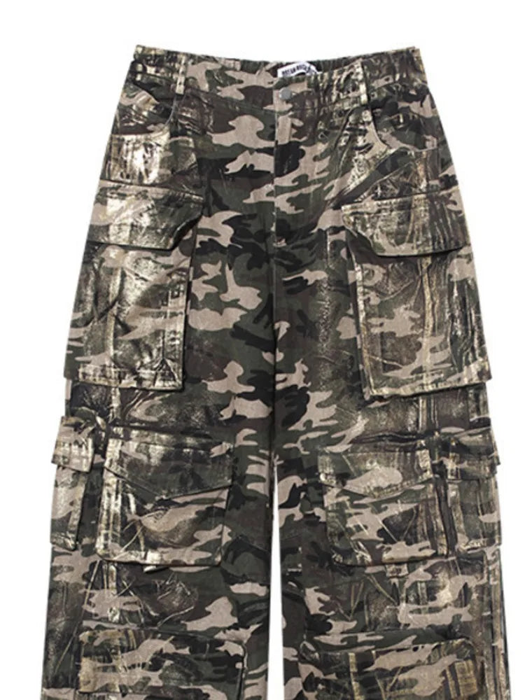 Pre Order:  Bronzing Camouflage Multi Pockets Cotton Straight Pants