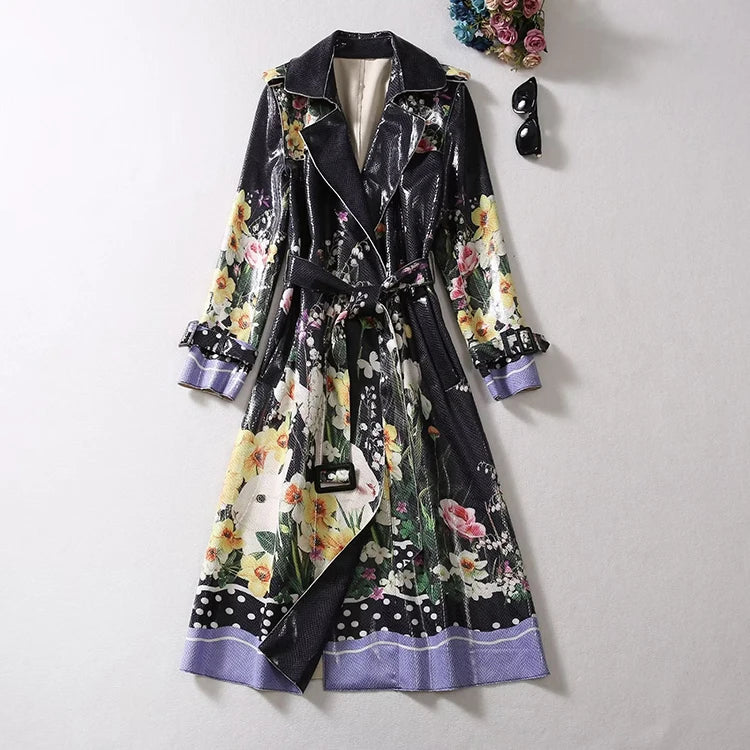 Pre Order:  Black Floral Faux-Leather Trench Coat