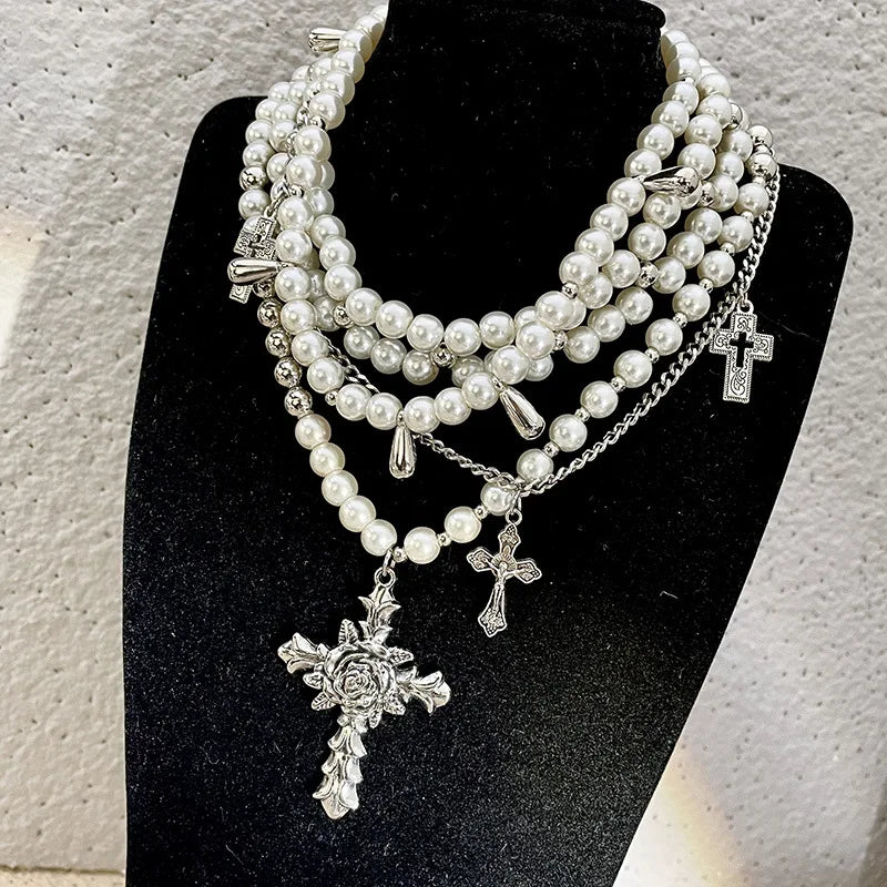 Pre Order:  Rose Cross Faux Pearls Necklace