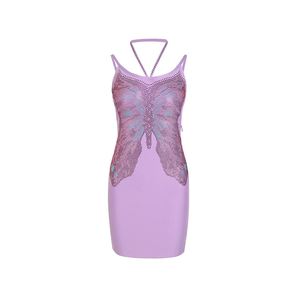 Pre Order: Butterfly Beaded Backless Hanging Neck Bandage Dress