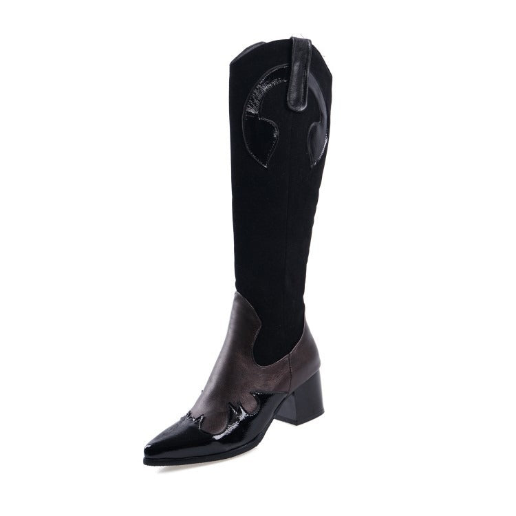 Pre Order:  Pointed Toe Splicing Chunky Heel Knight Boots