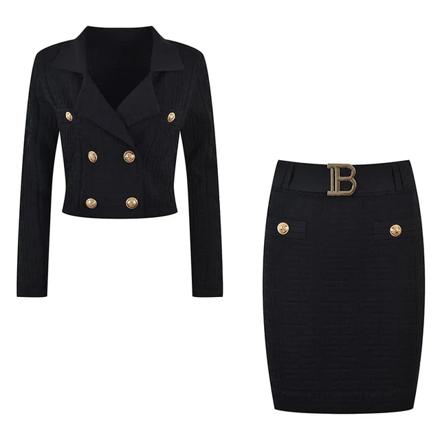 Pre Order:  Jacquard Knitted Long Sleeve Collar Top + Mini Skirt Set