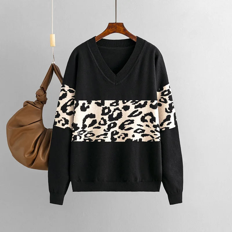 Pre Order:  Vintage Leopard Pullover Knitted V-Neck Sweater