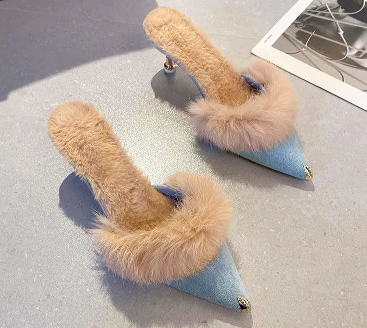 Pre Order:  Metal Tip Faux Fur Mules