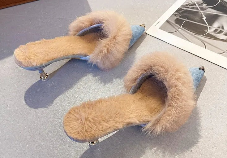 Pre Order:  Metal Tip Faux Fur Mules