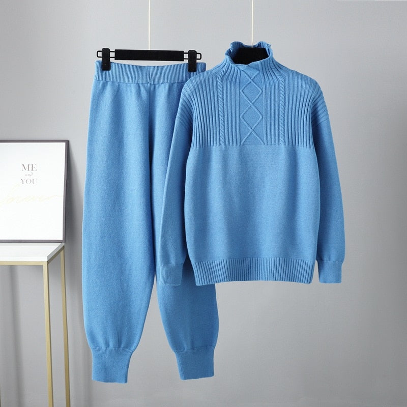 Pre Order:  Solid Long Sleeve Knit Sweater + Loose Pants Set